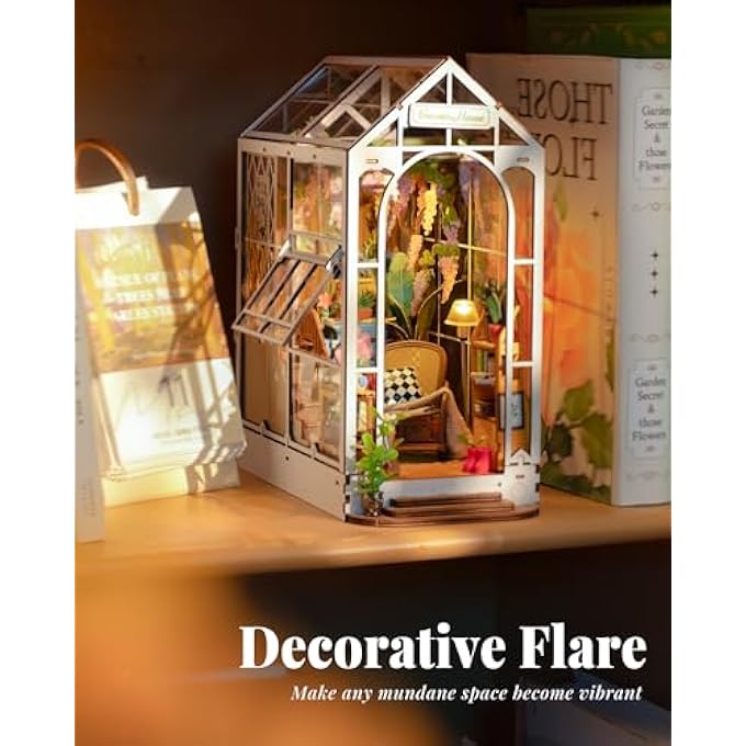 DIY BOOK NOOK KIT WOODEN 3D PUZZLE BOOKENDS 9.5" GARDEN HOUSE MINIATURE KIT WITH LED BOOKSHELF DECOR ARTS AND CRAFTS FOR ADULTS FAMILY PROJECT HOBBY CREATIVE GIFTS FOR GIRLS BOYS CHRISTMAS - Image 4